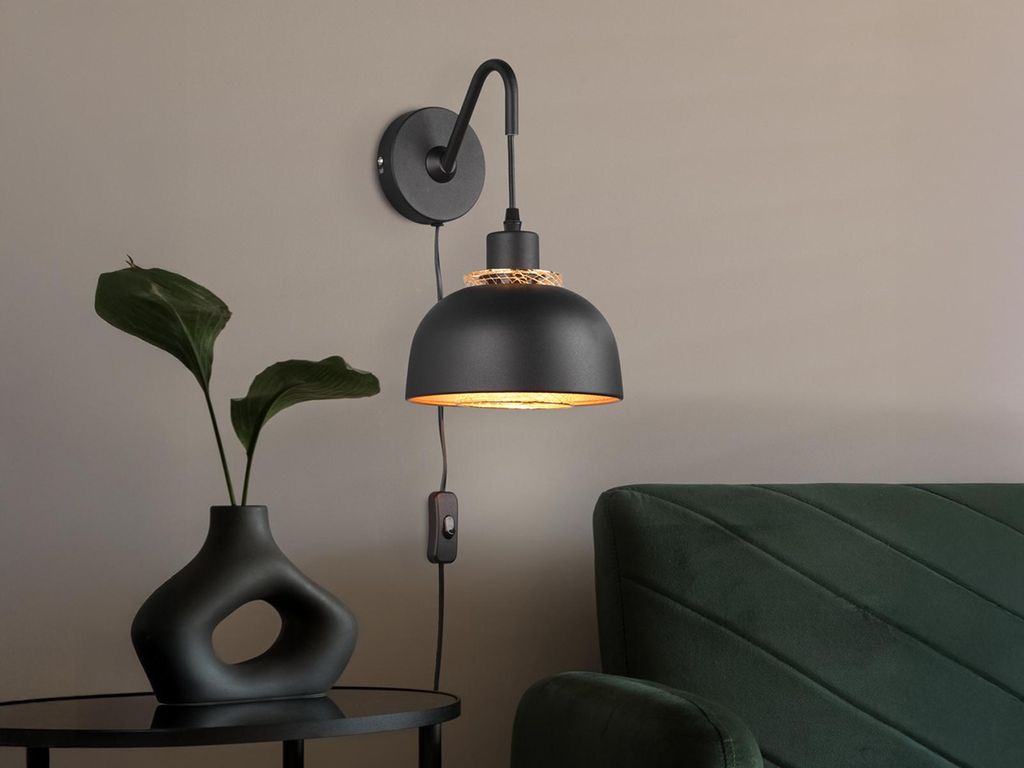 LED Wandleuchte mit Kabel, Schalter und Stecker, Schwarz Gold dimmbar, Ø 18cm