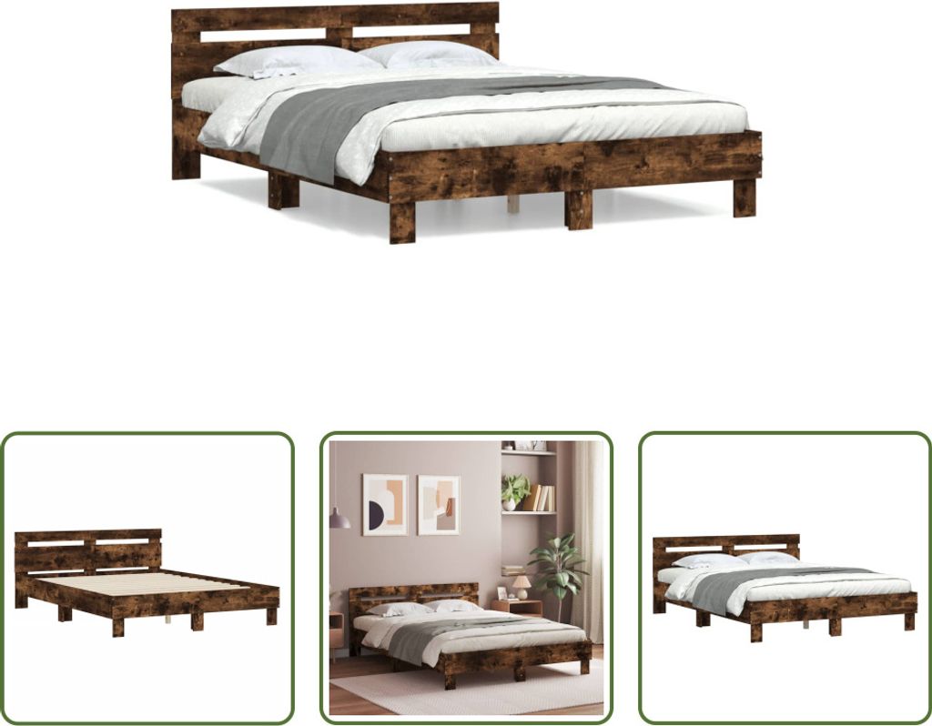 The Living Store Bettgestell mit Kopfteil Räuchereiche 140x200 cm Holzwerkstoff