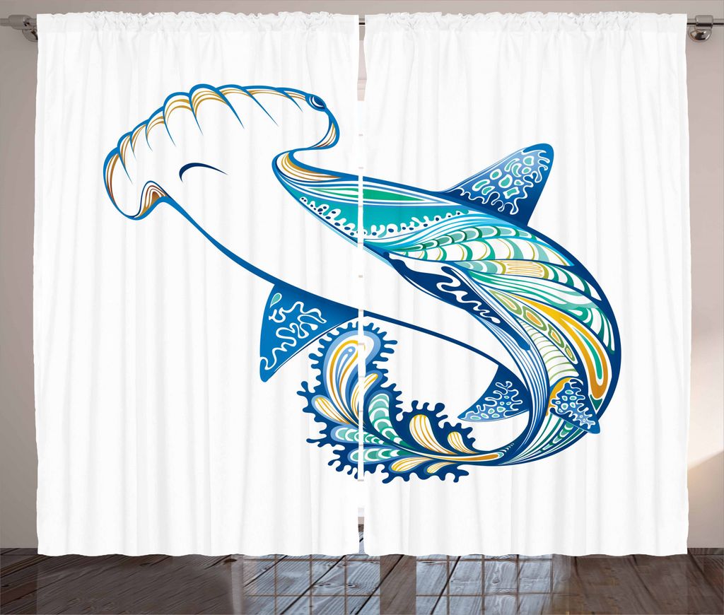 ABAKUHAUS Marine Rustikaler Vorhang, Hammer Head Shark Ozean, Wohnzimmer Universalband Gardinen mit Schlaufen und Haken, 280 x 245 cm, Blau Aqua Weiß