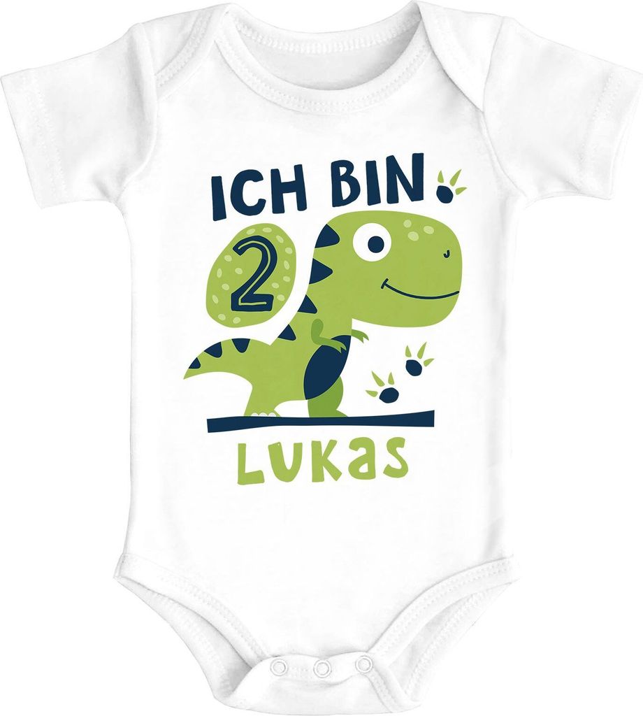 Baby Body mit Namen und Zahl zum 1. / 2. Geburtstag Dino Dinosaurier Baumwolle SpecialMe 2 Jahre weiß 6-12 Monate