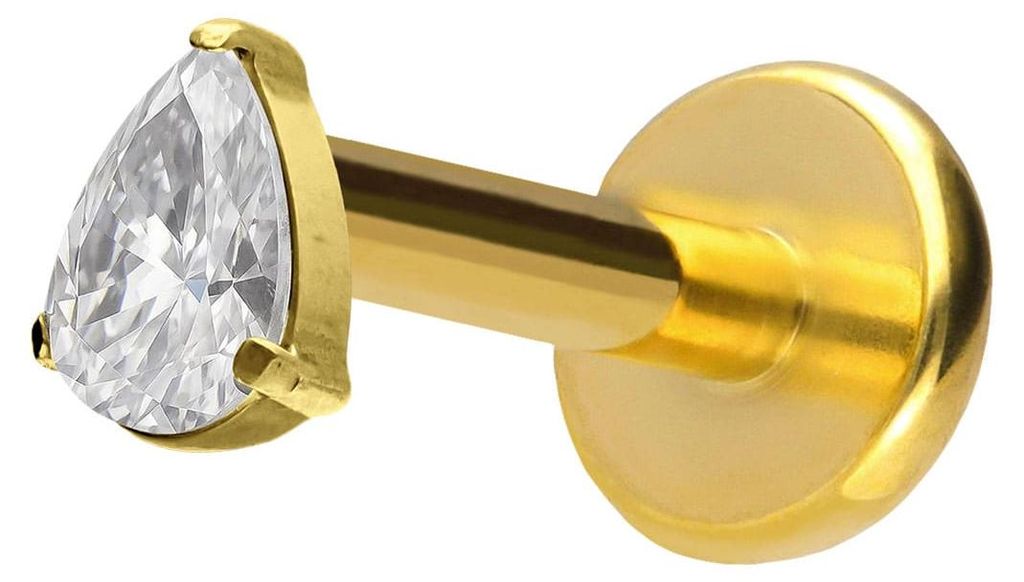 Ohrpiercing, Nasenpiercing Titan Labret mit Push Fit KRISTALLTROPFEN Gold Stablänge: 9mm | Stabstärke: 1,2mm | Discgröße: 4 x 6mm