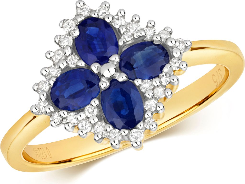 Exquisiter 9 Karat (375) Gold Blume Damen - Diamant Ring Brillant-Schliff 0.11 Karat H - PK mit Saphir, 51 (16.2); TRS28704RSL