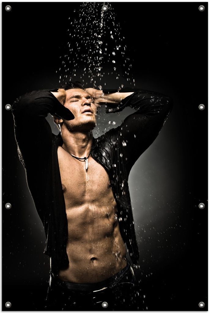 Wallario Outdoor-Poster für Garten oder Balkon, Motiv Sexy Mann unter der Dusche, in ca. 100 x 150 cm
