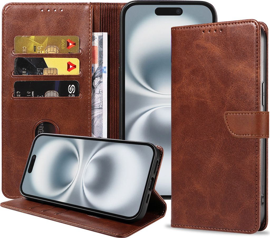 Fit für iPhone 16 Plus Handyhülle Kunstleder mit magnetischer Lippe und Kartenhalter Buchhülle mit Klappe - Dunkelbraun - Smartphonica