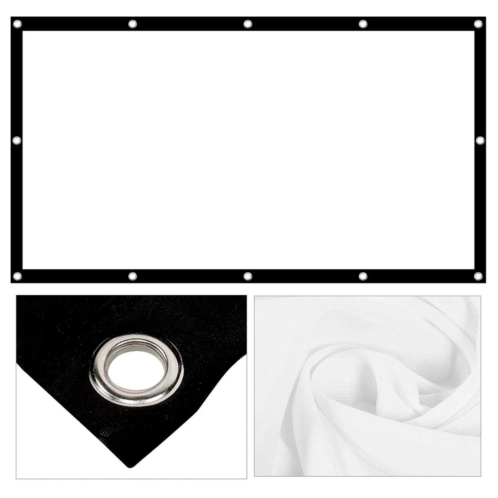 A collage showing a projection screen and close-ups of its features.