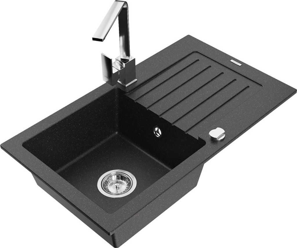 Mexen Pablo 1 Becken-Granitspüle mit Abtropffläche und Mischbatterie Rita, Schwarz/Silbermetallic- 6510-73-670300-00