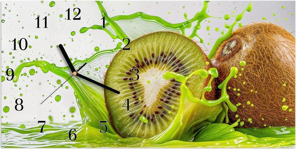 Wanduhr aus Glas mit Motiv Kiwi Spritzer- 60 x 30 cm - inkl. Aufhängesystem