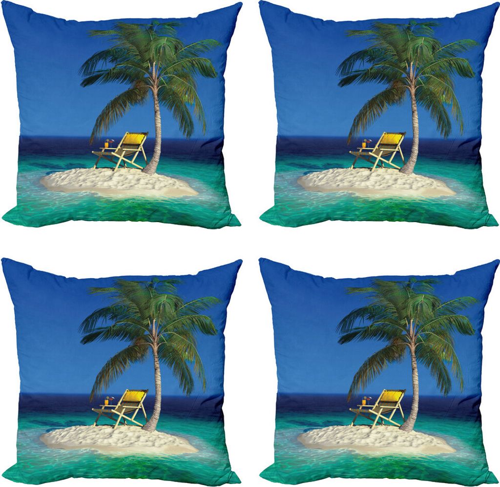 ABAKUHAUS Strand Kissenbezug Set (4 Stück), Stuhl unter einer Palme, Moderner Doppelseitiger Digitaldruck, 50 cm x 50 cm, Grün, Blau, Gelb