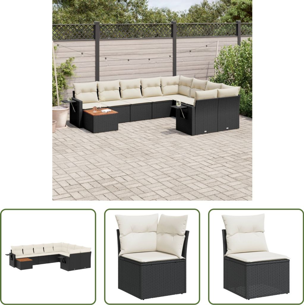 The Living Store 10-tlg. Garten-Sofagarnitur mit Kissen Schwarz Poly Rattan