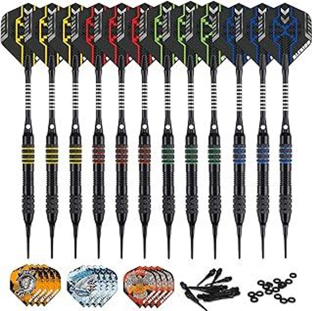 Dartpfeile mit Kunststoffspitze 12 Stück 18 Gramm Profi Dartpfeile Set für Elektronische Dartscheibe, Dartpfeile mit 12 Flights 20 Gummiringen 50...