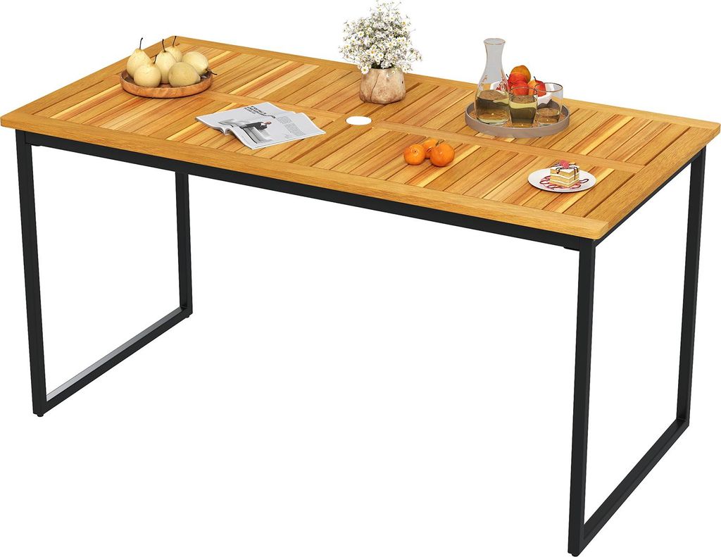 COSTWAY Gartentisch mit Schirmloch für 6 Personen, rechteckiger Terrassentisch, Balkontisch bis 75 kg, Outdoor Esstisch Akazienholz 140x70x73cm