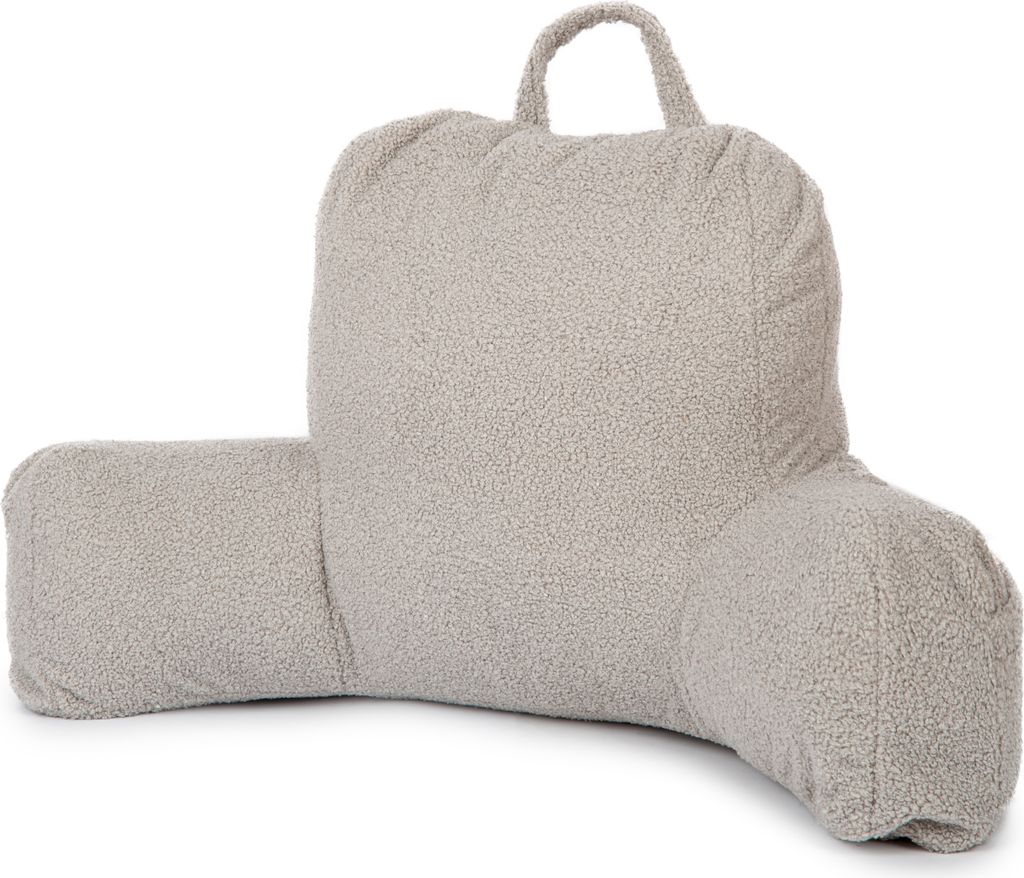 A light gray backrest pillow with armrests is shown against a white background.