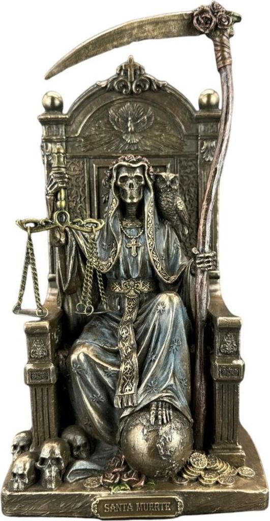 Skulptur „Santa Muerte – sitzende Heiligenfigur“ – bronziert, handbemalt, detailreiche Sammlerstatue, 21,5 cm – WU77924A4