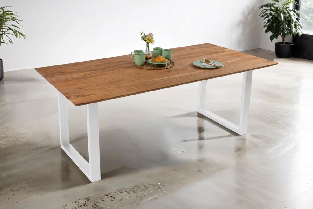 Esstisch 180 x 90 cm Dean, Massivholztisch Eiche, Schweizer Kante, Esszimmertisch mit U-Gestell aus Metall Weiß, pflegeleichter Holztisch