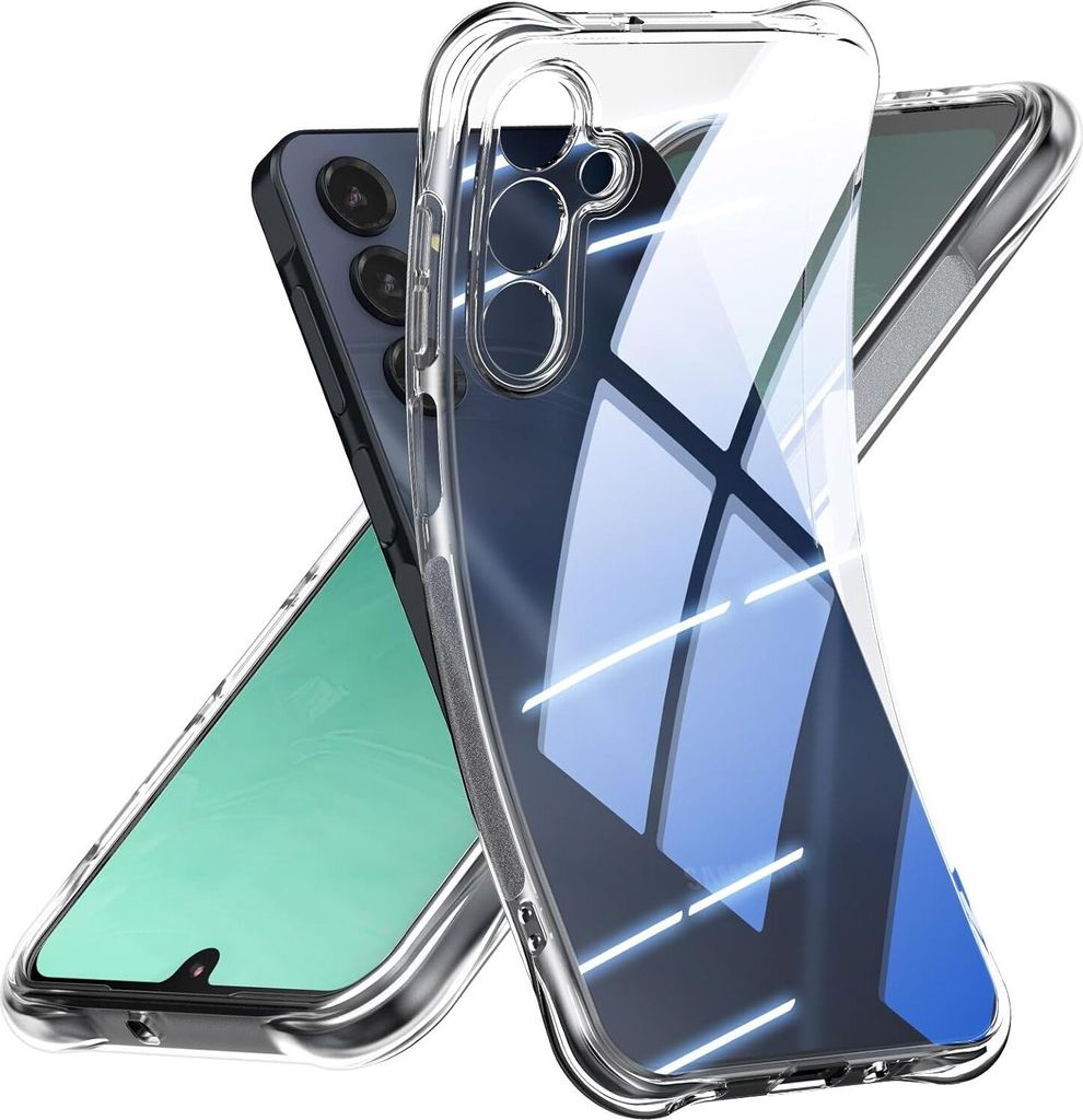 A clear protective phone case is shown, with a phone partially visible underneath.