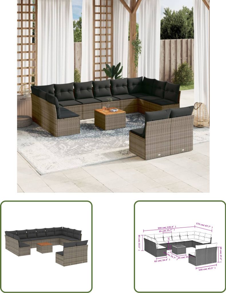 The Living Store 13-tlg. Garten-Sofagarnitur mit Kissen Grau Poly Rattan