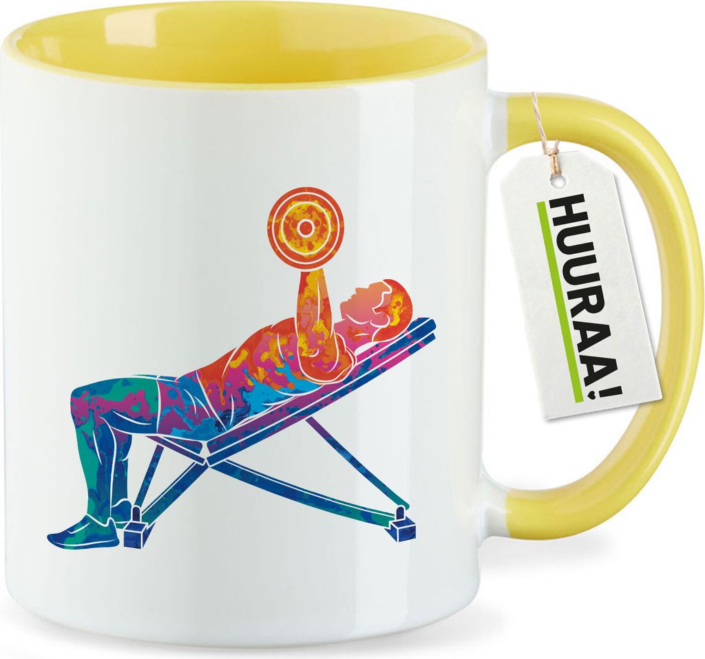 Huuraa Kaffeetasse Fitness Training Bench Press bunte Silhouette 330ml Gelb Keramik Kaffeebecher Geschenkidee