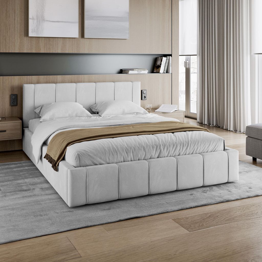 FDM Bett FLORIDA Paris 120x200 cm Polsterbett mit Lattenrost aus Metall Bettkasten Stauraumbett Samt weiß