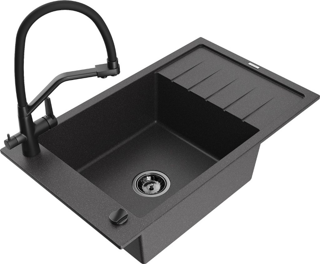 Mexen Elias 1 Becken-Granitspüle mit Abtropffläche und Mischbatterie Duo, Schwarz gesprenkelt - 6511-76-671701-70-B