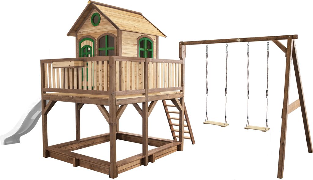 AXI Spielhaus Liam mit Sandkasten, Doppelschaukel & weißer Rutsche | Stelzenhaus XXL in Braun & Grün aus Holz für Kinder | Spielturm mit Wellen...