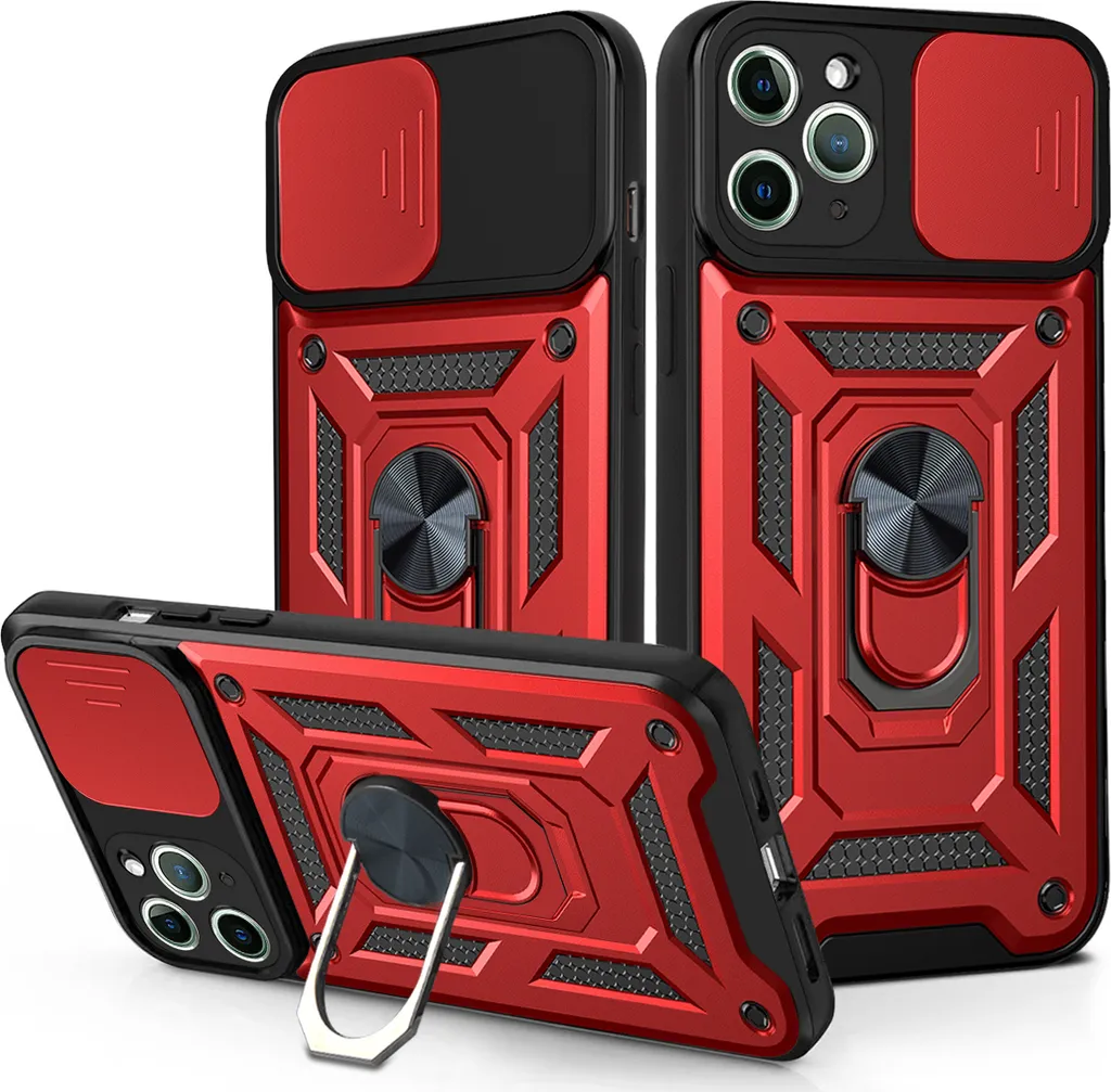 custodia per iPhone 11 Pro Max con anello magnetico ruotabile a 360° Supporto per fotocamera Slide Protection Custodia in silicone TPU Bumper per iPhone 11 Pro Max Rosso