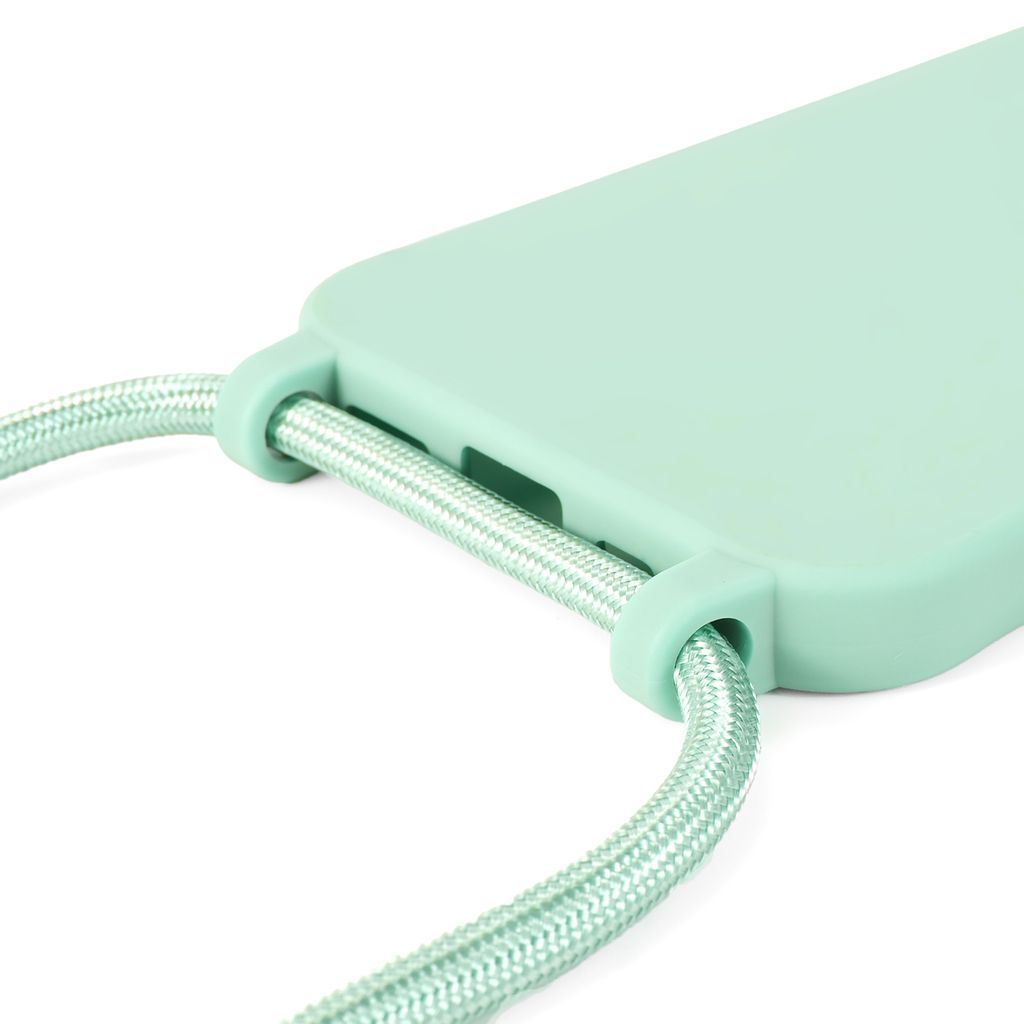 Close-up of a mint green phone case with a braided cord attached.