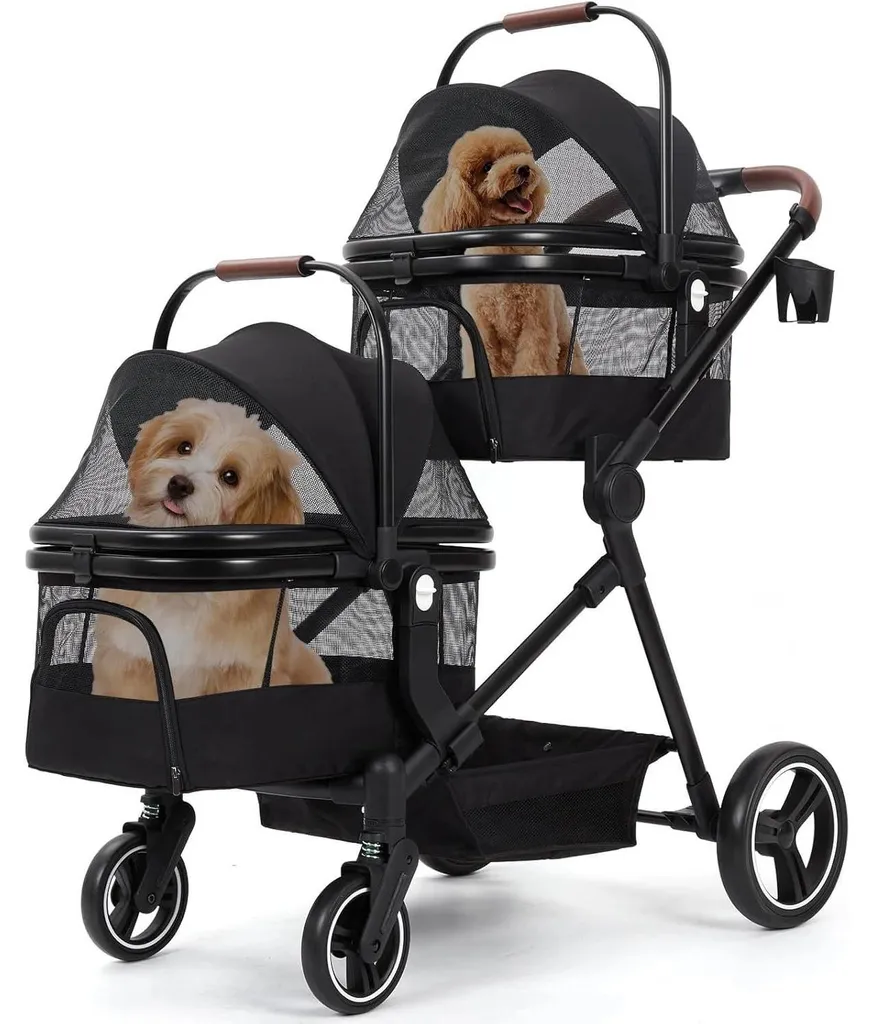 Poussette à deux niveaux pour 2 chiens et chats pliable Noir 15kg/étage