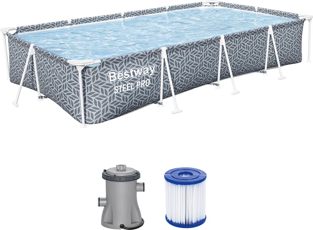 Bestway Steel Pro Frame Pool Set mit Filterpumpe 366 x 201 x 66 cm, Blattform-Design, eckig