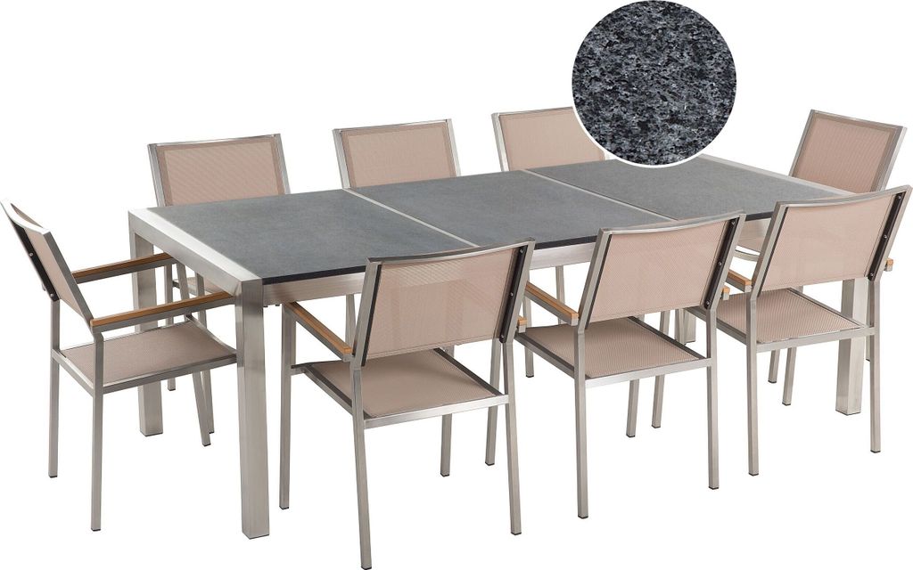 BELIANI Gartenmöbel Set Grau Beige Granit Edelstahl Tisch 220 cm Poliert 8 Stühle Terrasse Outdoor Modern
