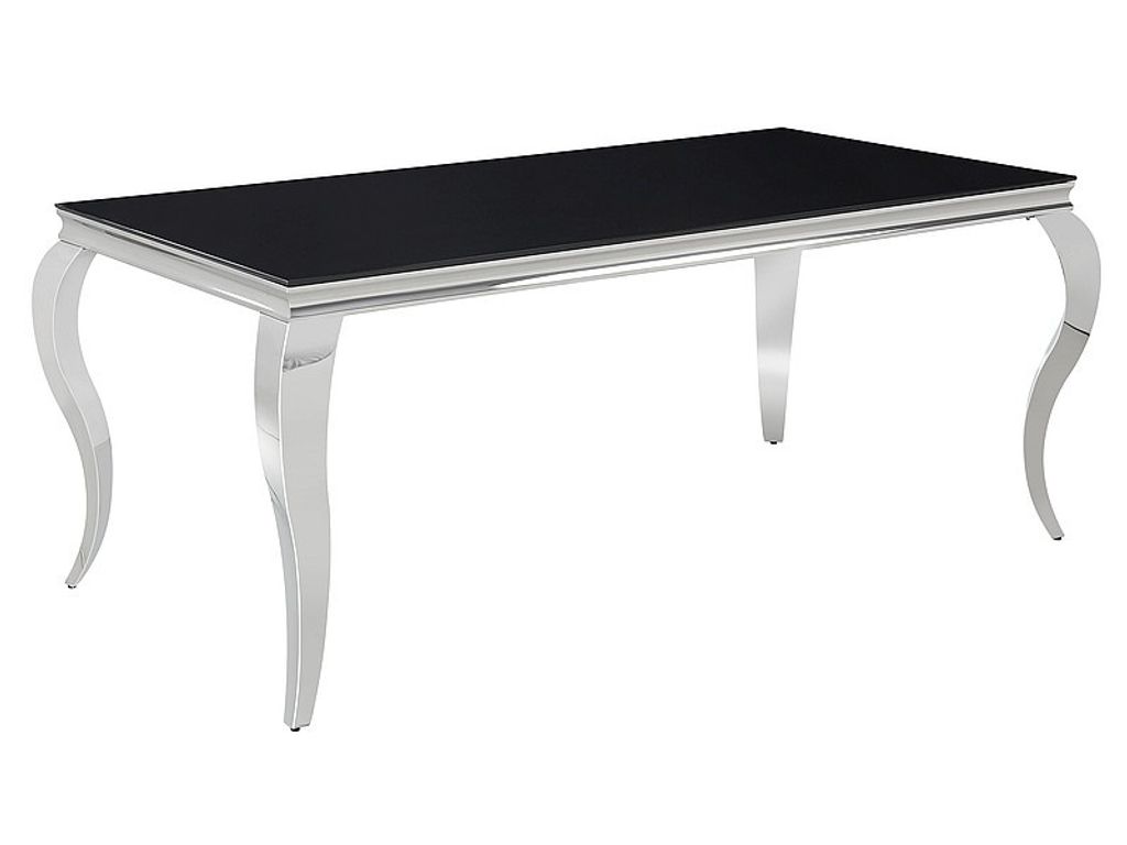 A rectangular dining table with a black top and chrome legs on a white background.