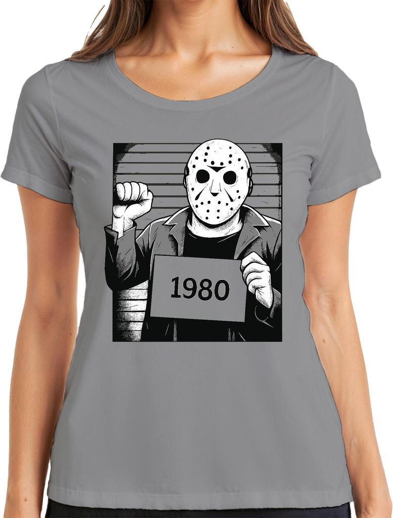 Horror Hockeymaske 1980 Slasher Polizeifoto Retro Vintage Grunge Damen T-Shirt, Grau, XL