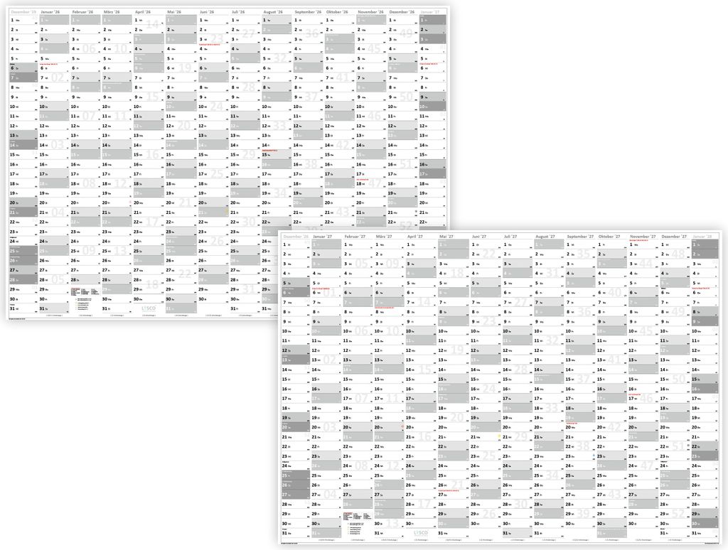 3 Stück XXL Wandkalender Wandplaner 2026 + 2027 grau (gerollt) DIN A0 Format (841 x 1189 mm) 14 Monate, komplette Jahresvorschau Folgejahr und Fer...