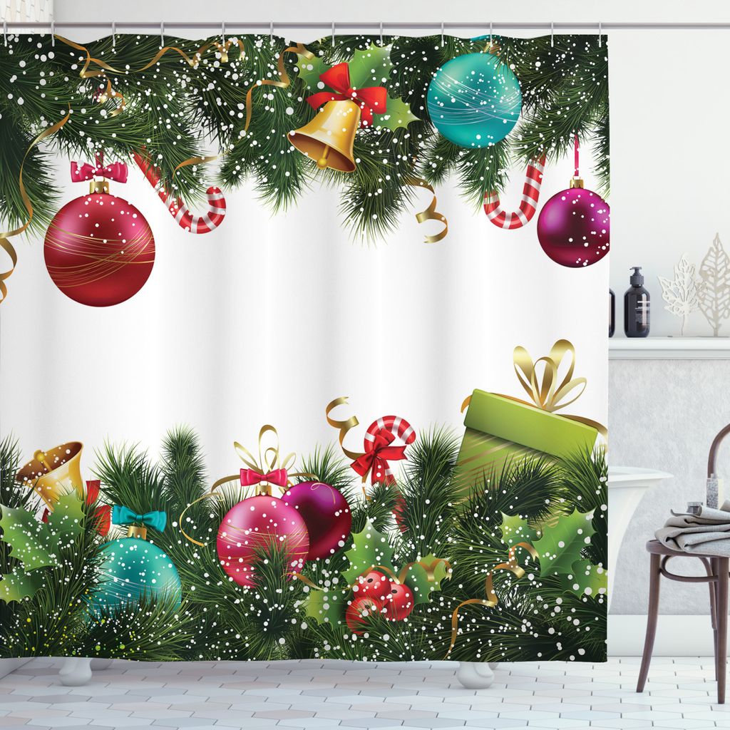 ABAKUHAUS Weihnachten Duschvorhang, Neujahr Feierlichkeiten, Wasser Blickdicht inkl.12 Ringe Langhaltig Bakterie und Schimmel Resistent, 175 x 240 ...