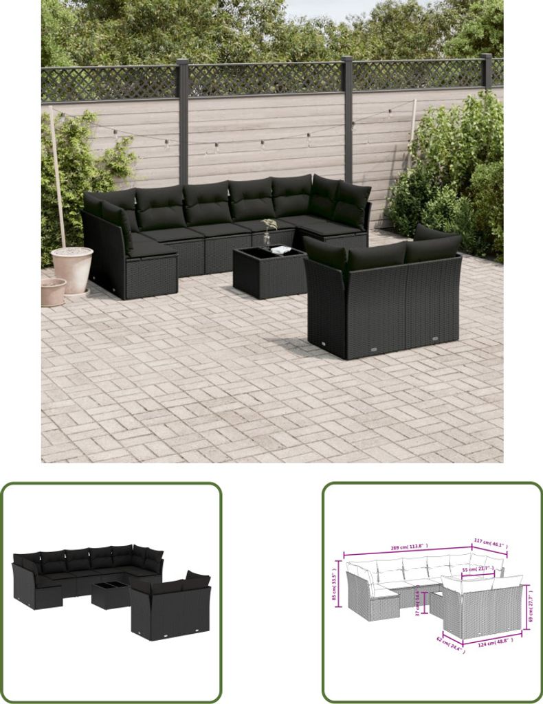 The Living Store 10-tlg. Garten-Sofagarnitur mit Kissen Schwarz Poly Rattan