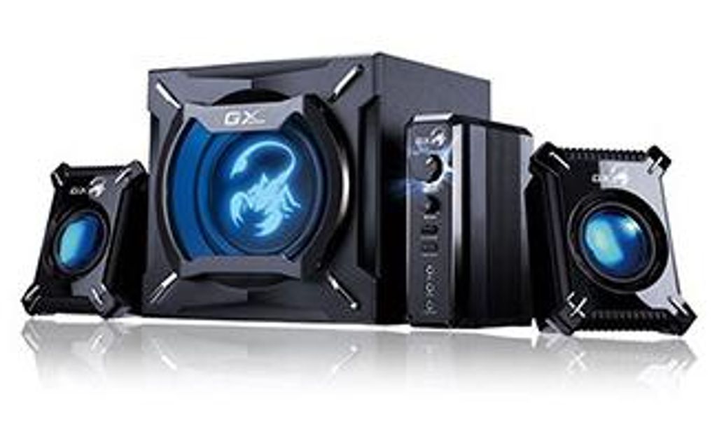 A set of black computer speakers with blue lighting, including a subwoofer and two satellite speakers.