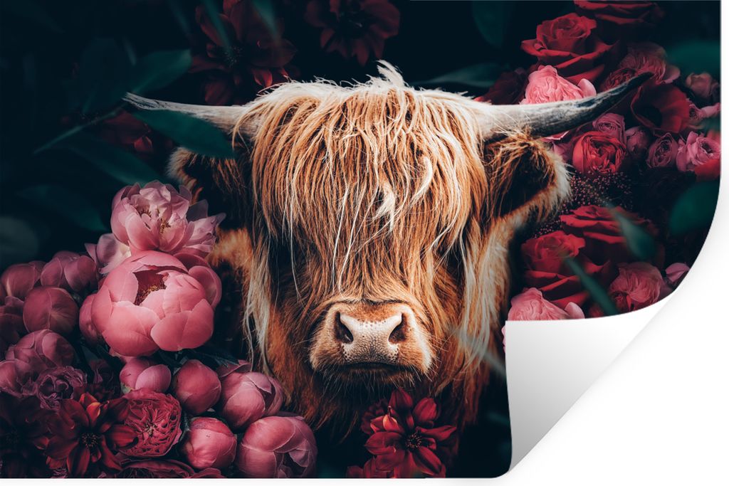 MuchoWow Wandtattoo Wandsticker Wandaufkleber Kuh - Schottischer Highlander - Blumen - Botanisch 30x20 cm Selbstklebend und Repositionierbar - Wi...