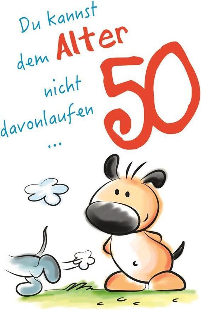 50. Geburtstag - Karte mit Umschlag - Hund läuft vor anderen Hunden