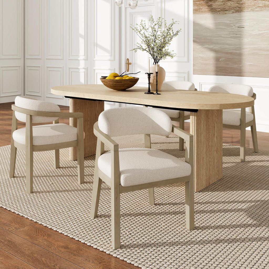 MODFU Esszimmerstuhl Massivholzgestell 4er Set Küchenstuhl mit Armlehnen ergonomischer Rückenlehne Bouclé Naturfarben