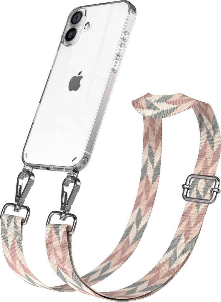 EAZY CASE Handykette - Verstellbarer Trageriemen kompatibel mit Apple iPhone 16 Plus, Handykordel mit transparenter Silikon-Hülle, Karabiner Silbe...