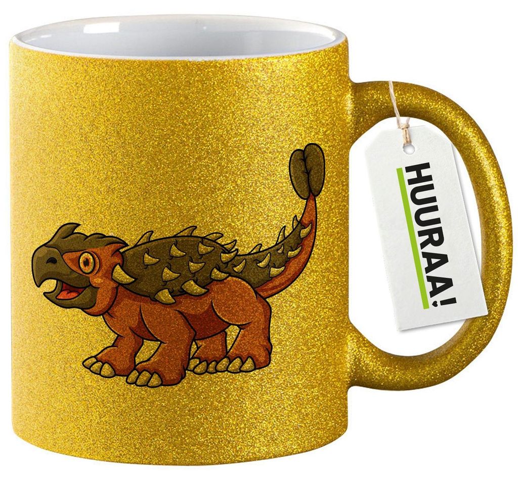 Huuraa Glitzertasse Ankylosaurus Dinosaurier 330ml Gold Keramik Kaffeebecher Geschenkidee