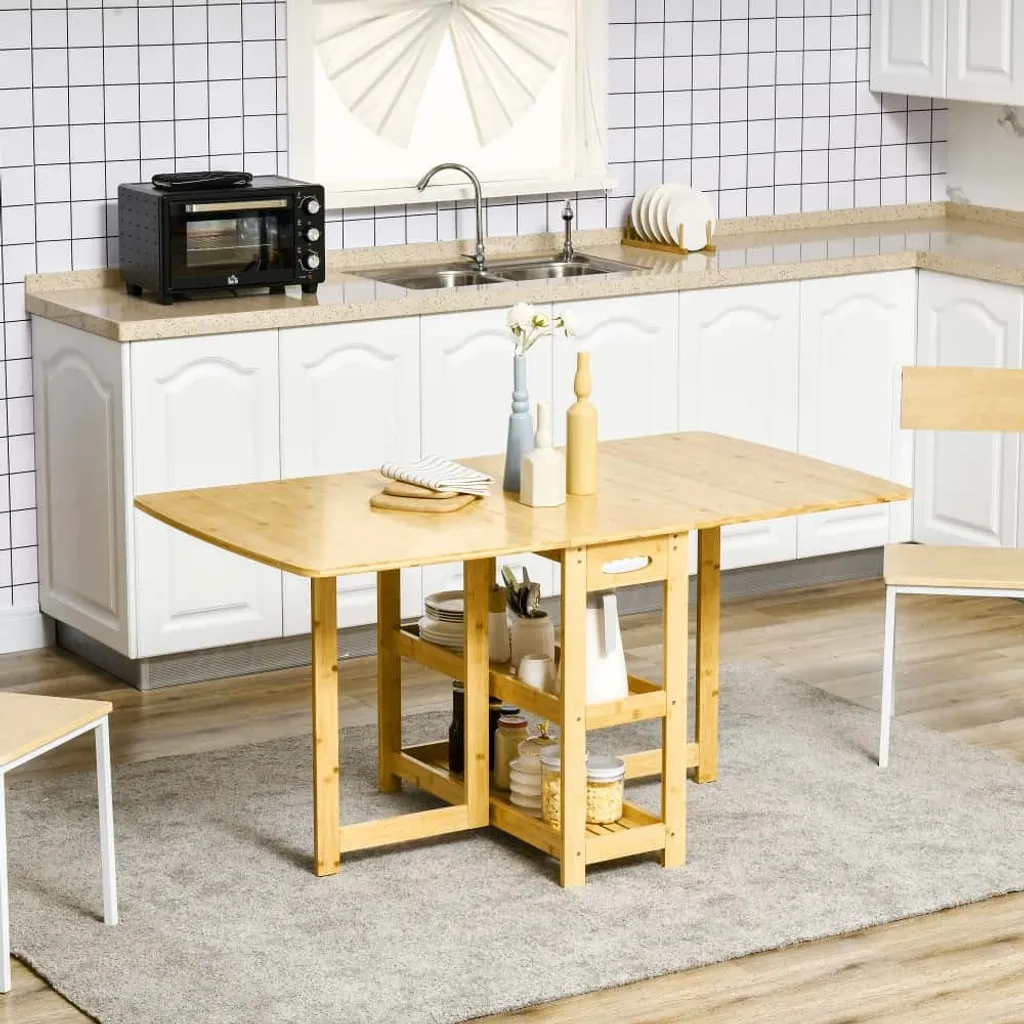 Table de cuisine pliable en bois naturel avec compartiment et pieds réglables