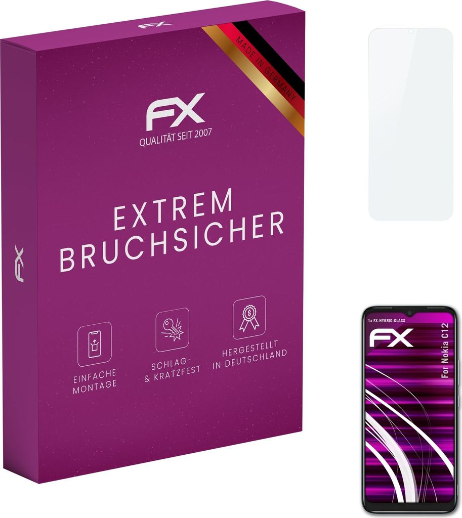 atFoliX FX-Hybrid-Glass Displayfolie kompatibel mit Nokia C12 Glasfolie