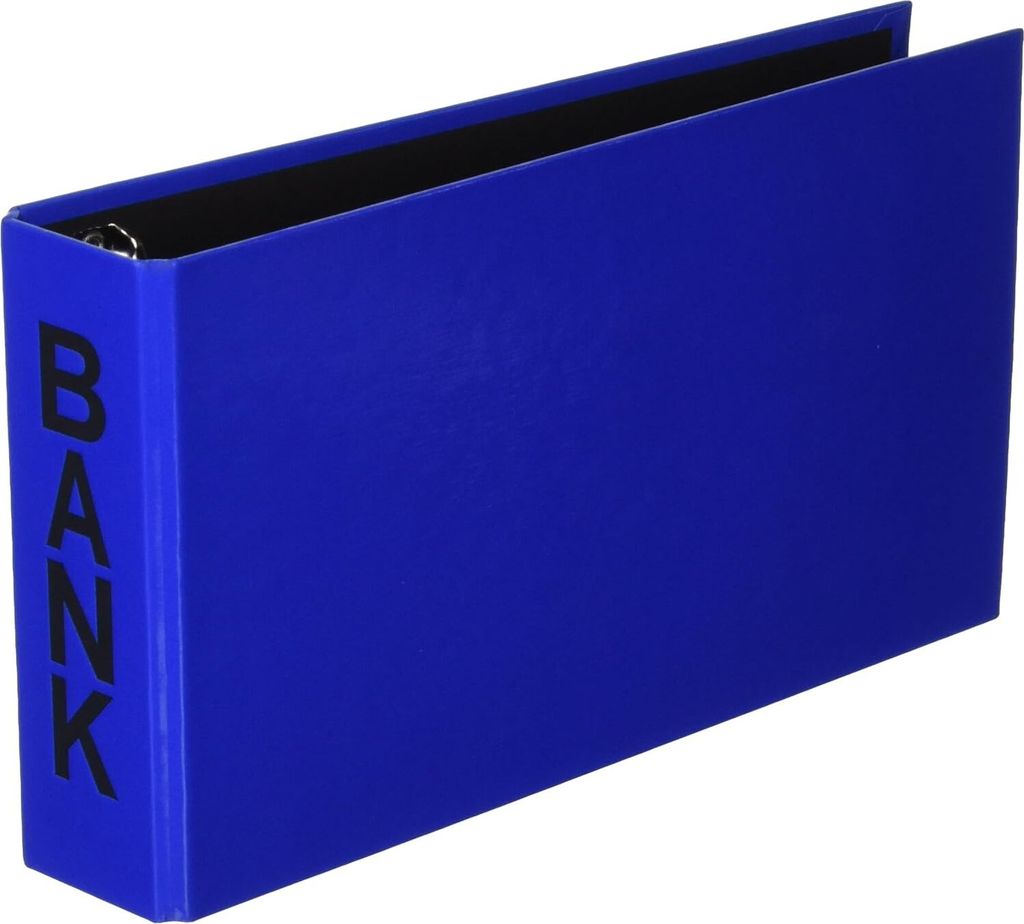 A blue bank binder is shown against a white background.