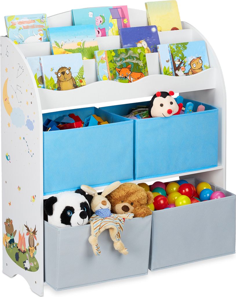 Relaxdays Kinderregal, 4 Boxen, Lagerfeuer Motiv, Spielzeug Produktbild 