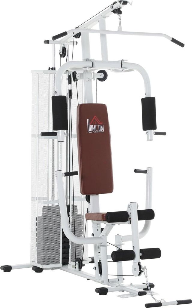 Fitnessstation für Zuhause, insgesamt 45kg, mit Pressarm, Beinentwickler, Rollenpolstern, PolyurethanKunstleder, 150 x 110 x 210 cm, Weiß