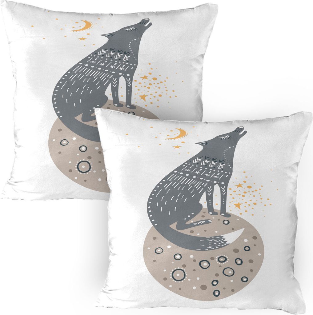 ABAKUHAUS magic Moon Kissenbezug Packung mit 2, Howling Wolf auf einem Planeten im Weltraum Crescent nette Zeichnung auf einfachen Hintergrund, Dek...