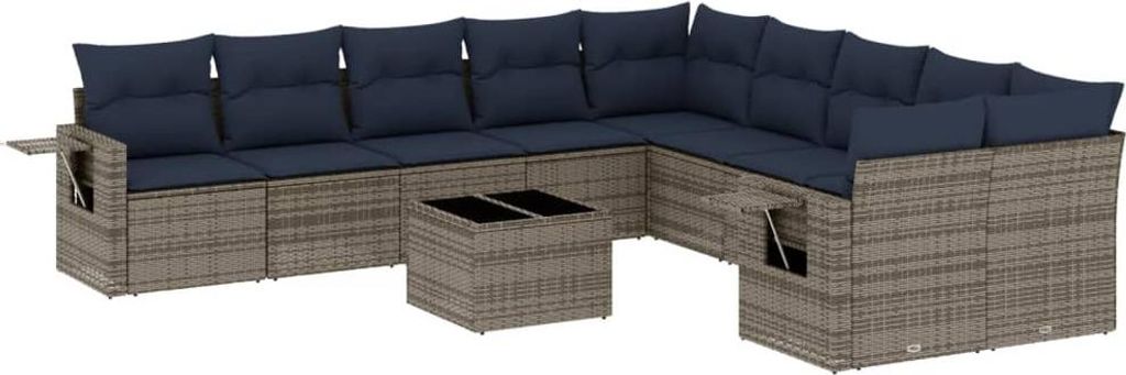 vidaXL 11-teiliges Gartensofa-Set mit Kissen, grau, Polyrattan