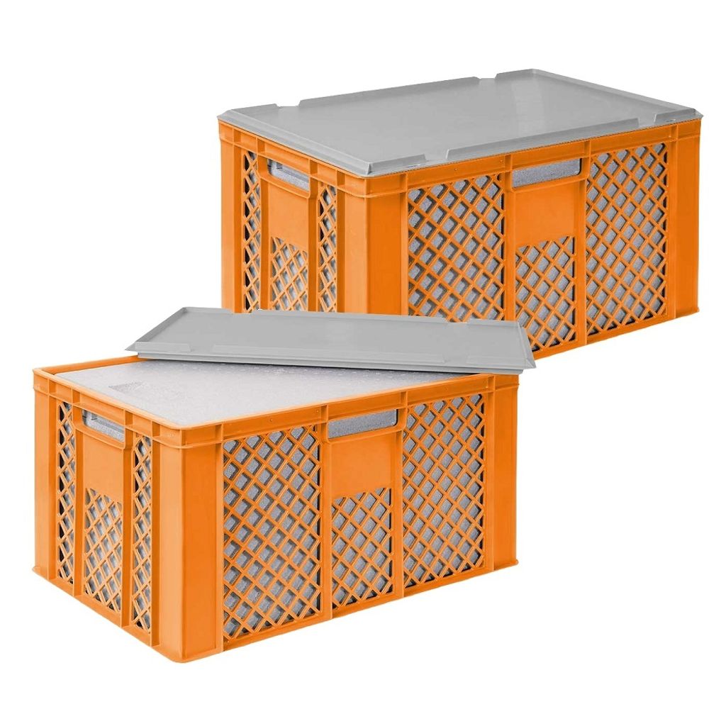 2x 31,6 Liter Thermobox EPS in Eurobox durchbrochen 600x400x320 mm, orange + Deckel, grau