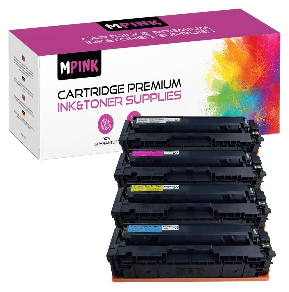 A box of MPINK ink and toner cartridges with several cartridges stacked in front of it.