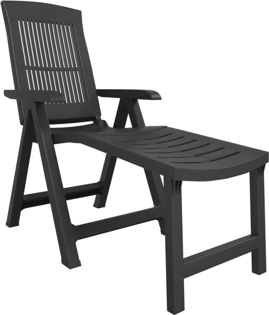 A dark gray plastic sun lounger is shown against a white background.